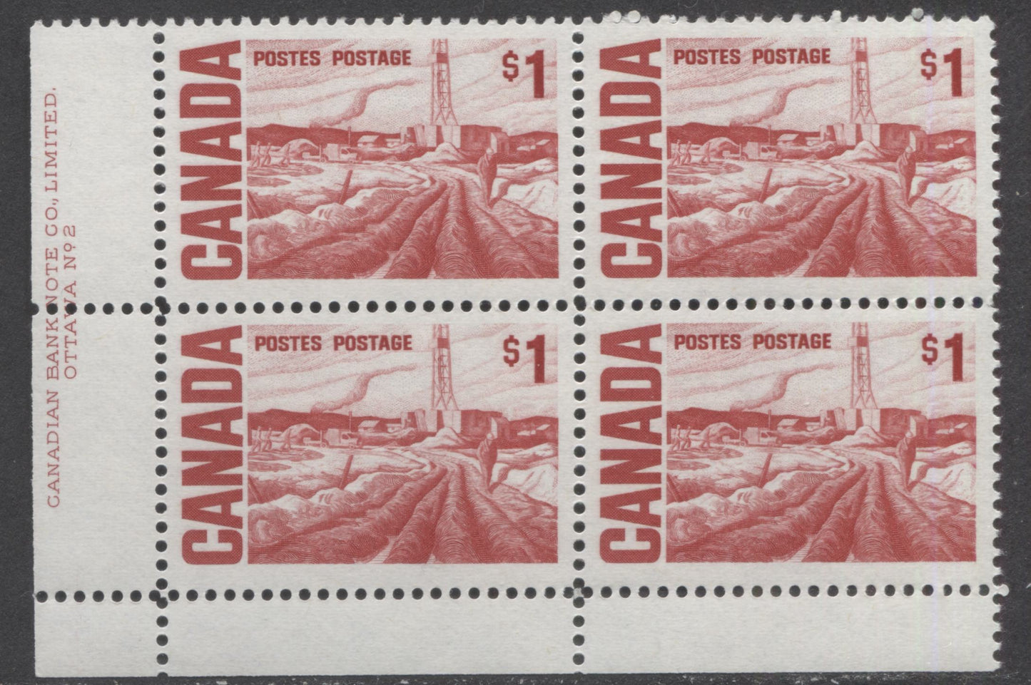 Lot 59 Canada #465Biii $1 Scarlet Edmonton Oil Field, 1967-1973 Centennial High Values, A VFNH LL Plate 2 Block Of 4 On F5-fl Paper With PVA Gum, Bluish Under UV