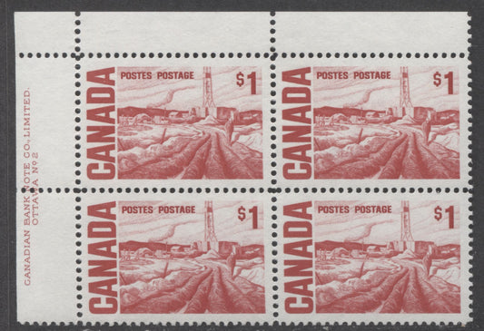 Lot 60 Canada #465Biii $1 Scarlet Edmonton Oil Field, 1967-1973 Centennial High Values, A VFNH UL Plate 2 Block Of 4 On DF3 Paper With PVA Gum, Bluish Gray Under UV