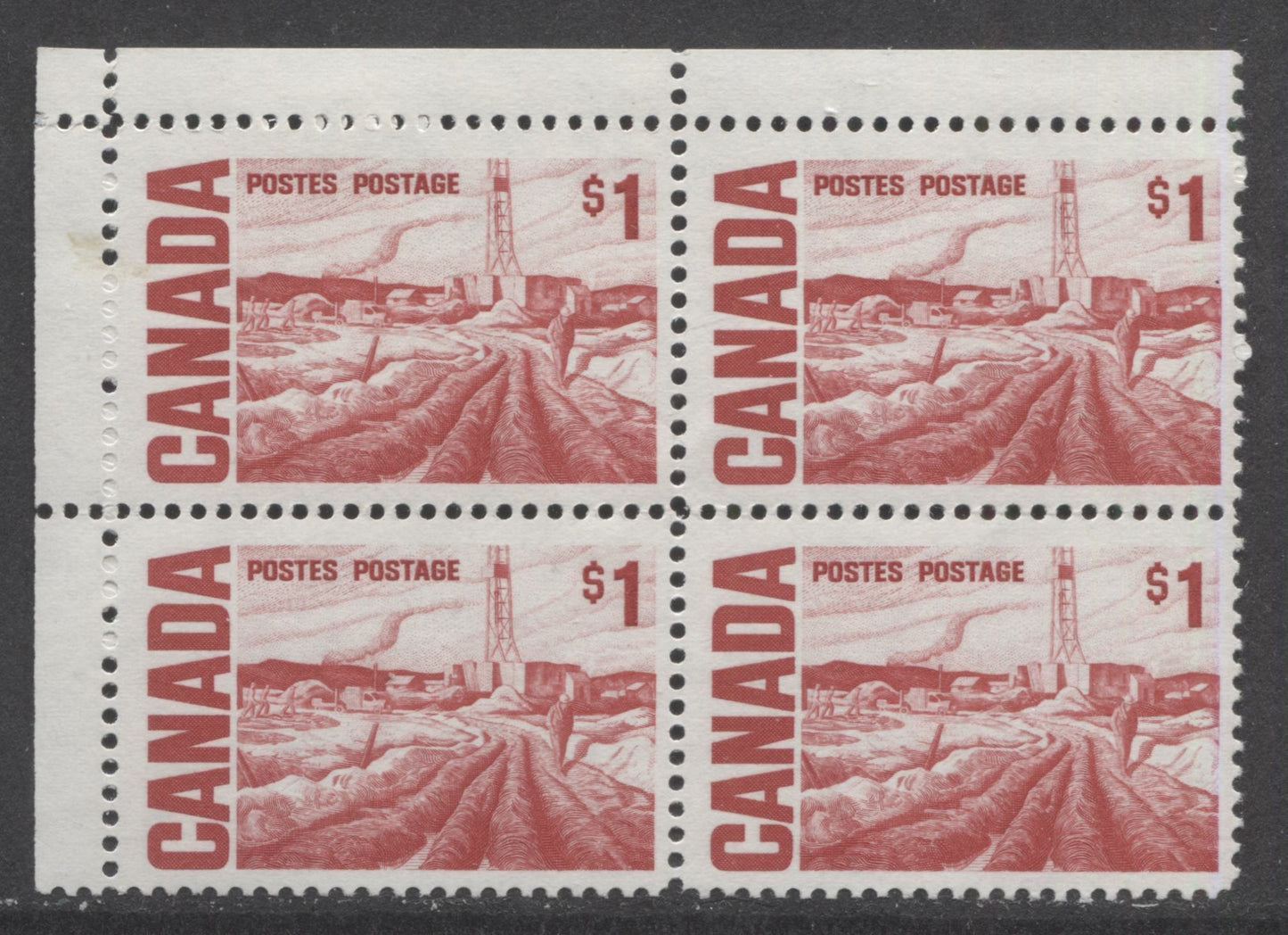 Lot 61 Canada #465Biii $1 Scarlet Edmonton Oil Field, 1967-1973 Centennial High Values, A VFNH UL Blank Corner Block Of 4 On DF3 Paper With PVA Gum, Bluish Gray Under UV