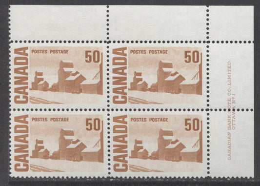 Lot 9 Canada #465Ai 50c Orange Brown Summer's Stores, 1967-1973 Centennial High Values, A VFNH UR Plate 1 Block Of 4 On NF Paper With Streaky Dex Gum, Bluish Under UV