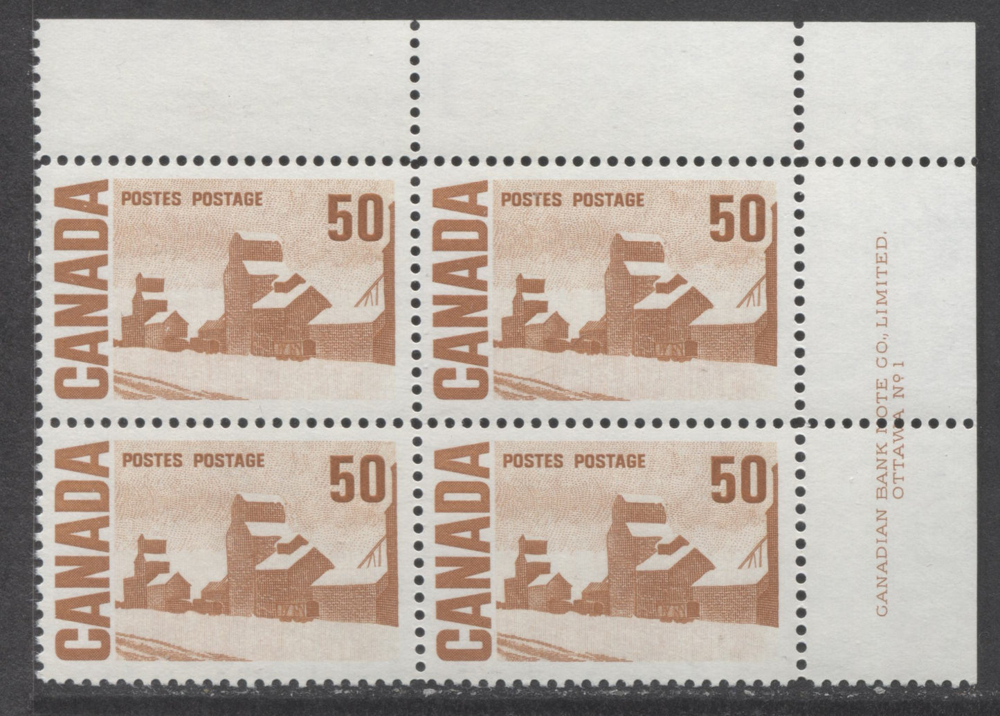 Lot 9 Canada #465Ai 50c Orange Brown Summer's Stores, 1967-1973 Centennial High Values, A VFNH UR Plate 1 Block Of 4 On NF Paper With Streaky Dex Gum, Bluish Under UV