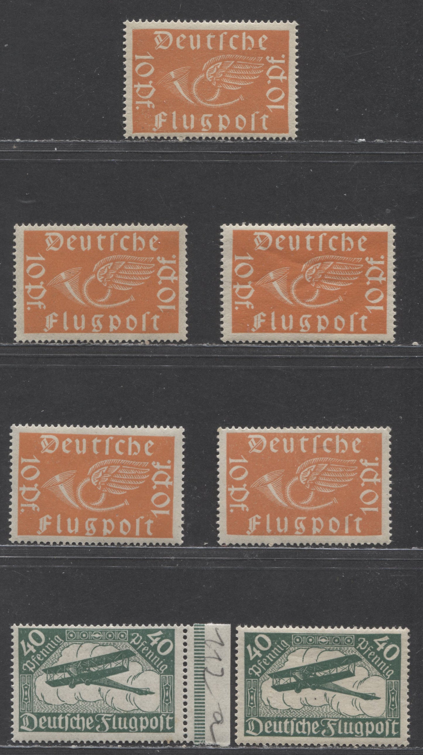 Lot 92 Germany SC#C1-C2(MI#111a,112a) 1919 Airmail Issue, Group Of Different Variations Of The Basic Shades On Both Horizontal And Vertical Wove Papers, 7 F/VF Singles, Click on Listing to See ALL Pictures, Estimated Value $5 USD