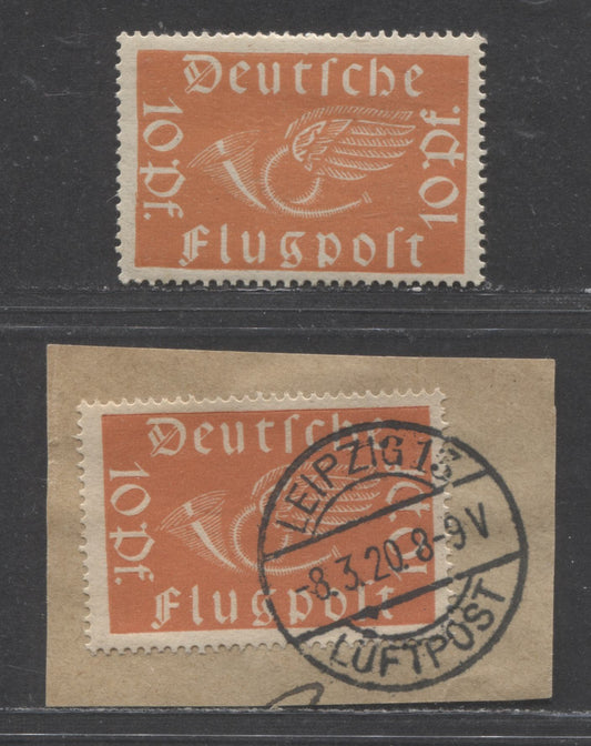 Lot 93 Germany SC#C1 var(MI#111b) 40pf 1919 Airmail Issue, The Dark Reddish Orange Shade, With Normal Red Orange For Comparison, 2 VF& VF Postally Used On Piece Singles, Click on Listing to See ALL Pictures, Estimated Value $30 USD