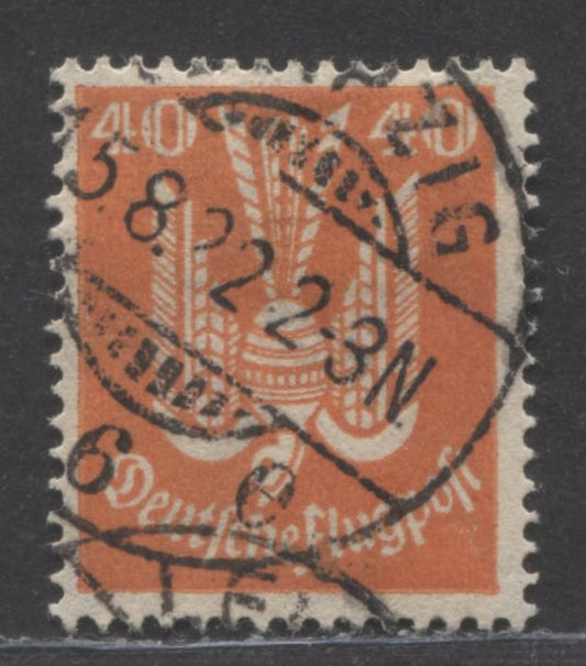 Lot 94 Germany SC#C4(MI#211) 40pf Lively Red Orange 1922-1923 Airmail Issue, With August 15, 1922 Leipzig CDS, A F/VF Postally Used Single, Click on Listing to See ALL Pictures, Estimated Value $5.00-10.00 USD