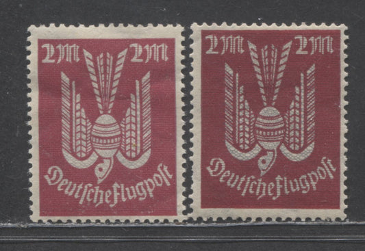 Lot 95 Germany SC#C9((MI#216a-b) 2m Lilac Carmine & Grey, 2m Carmine Red & Grey 1922 Airmail Issue, 2 F/VF OG Singles, Estimated Value $5 USD