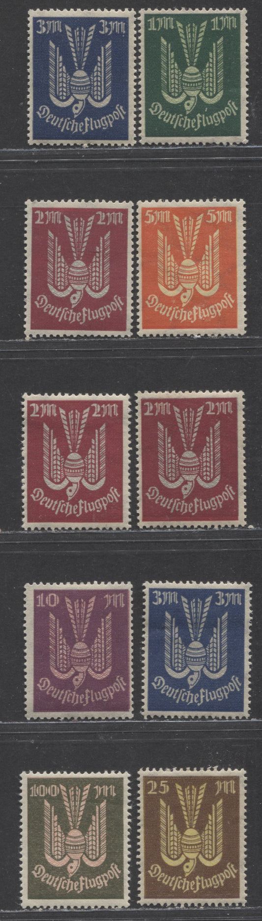 Lot 98 Germany SC#C8-C14 var(MI#215-218,235-237 var) 1922-1923 High Valule Airmail Issue, With Burelage Printed On Top Of Background Colour, 10 F/VF OG & NH Singles, Click on Listing to See ALL Pictures, Estimated Value $10 USD