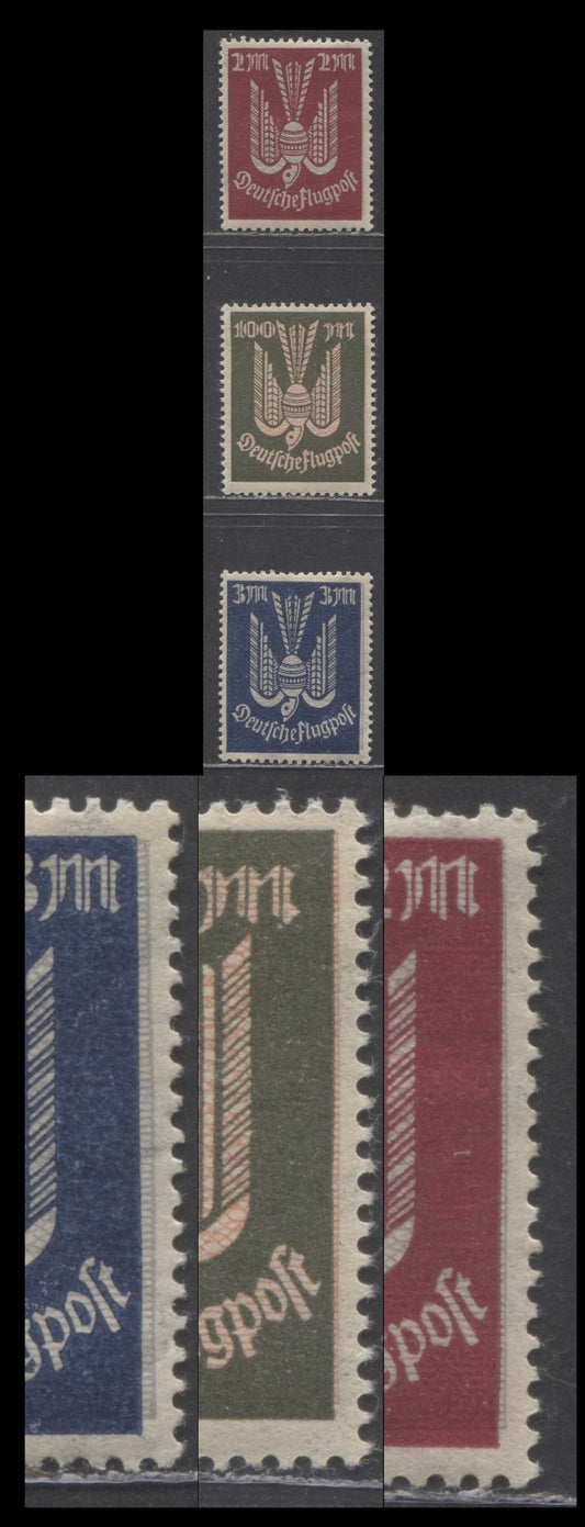 Lot 99 Germany SC#C9-C10,C14var(MI#216a-217a,237) 1922-1923 Airmail Issue, Showing Burelage Shifted To The Right, 3 VF NH&OG Singles, Estimated Value $6 USD