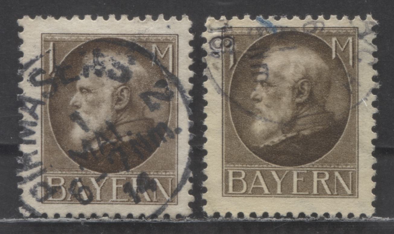 Lot 132 Germany - Bavaria Mi#104Ib (SC# 109a) 1m Deep Brown 1914-1915 Ludwig III Issue, Two Shades, Pre War Printings, 2 Fine/Very Fine Used Singles, Click on Listing to See ALL Pictures, Estimated Value $20