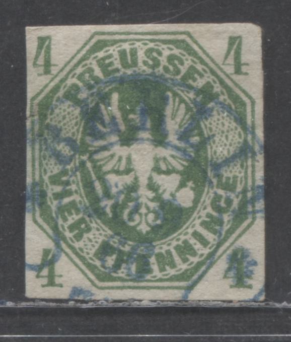 Lot 21 Germany - Prussia Mi#14b (SC# 15a) 4pf Green 1861-1867 Arms Issue, Left Edge Trimmed, A Very Good Used Single, Click on Listing to See ALL Pictures, Estimated Value $15