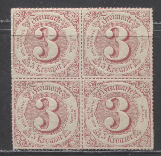 Lot 51 Germany - Thurn & Taxis Mi#52 (SC# 61) 3kr Rose 1866 Numeral Issue, Rouletted In Colored Lines, NH On All But One Stamp, A VFNH/LH Block Of 4, Click on Listing to See ALL Pictures, Estimated Value $15