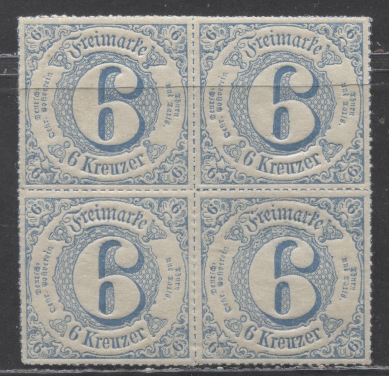 Lot 52 Germany - Thurn & Taxis Mi#53 (SC# 62) 6kr Blue 1866 Numeral Issue, Rouletted In Colored Lines, 3 Stamps NH (One With Pencil Markings), A VFNH/LH Block Of 4, Click on Listing to See ALL Pictures, Estimated Value $10