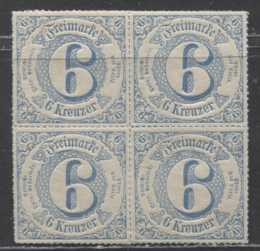 Lot 52 Germany - Thurn & Taxis Mi#53 (SC# 62) 6kr Blue 1866 Numeral Issue, Rouletted In Colored Lines, 3 Stamps NH (One With Pencil Markings), A VFNH/LH Block Of 4, Click on Listing to See ALL Pictures, Estimated Value $10