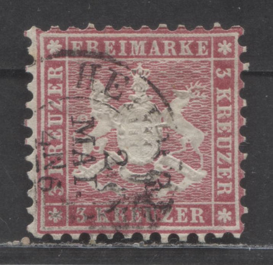 Lot 56 Germany - Wurttemberg Mi#26a (SC# 36) 3kr Rose 1863 Arms Issue, Perf 10, A Very Fine Used Single, Click on Listing to See ALL Pictures, Estimated Value $5