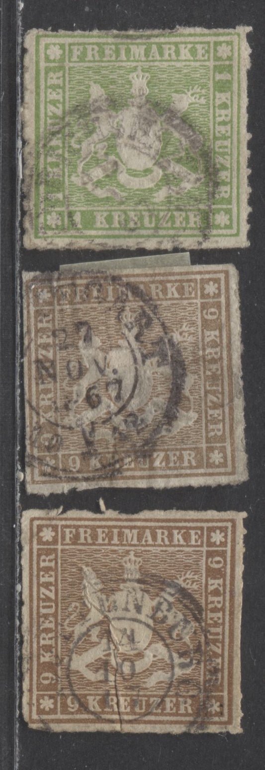 Lot 57 Germany - Wurttemberg Mi#30a (41)/33b (45a) 1865-1868 Arms Issue, 3 Very Good Used Singles, Click on Listing to See ALL Pictures, Estimated Value $15