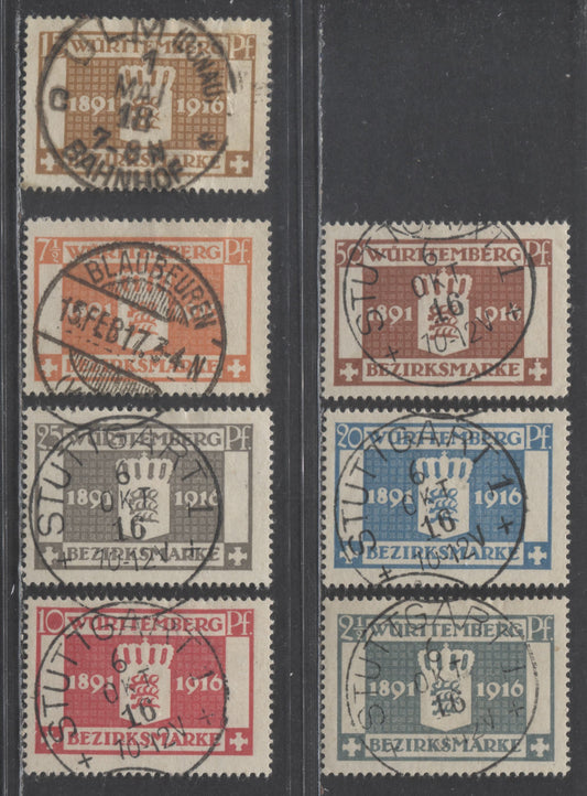 Lot 60 Germany - Wurttemberg Mi#123 (O33)-129 (O39) 1916 25th Anniversary Of King Wilhelm II Reign Issue, CTO & Postally Used Set, Stuttgart Cancels Are CTO, 7 Very Fine Used Singles, Estimated Value $20