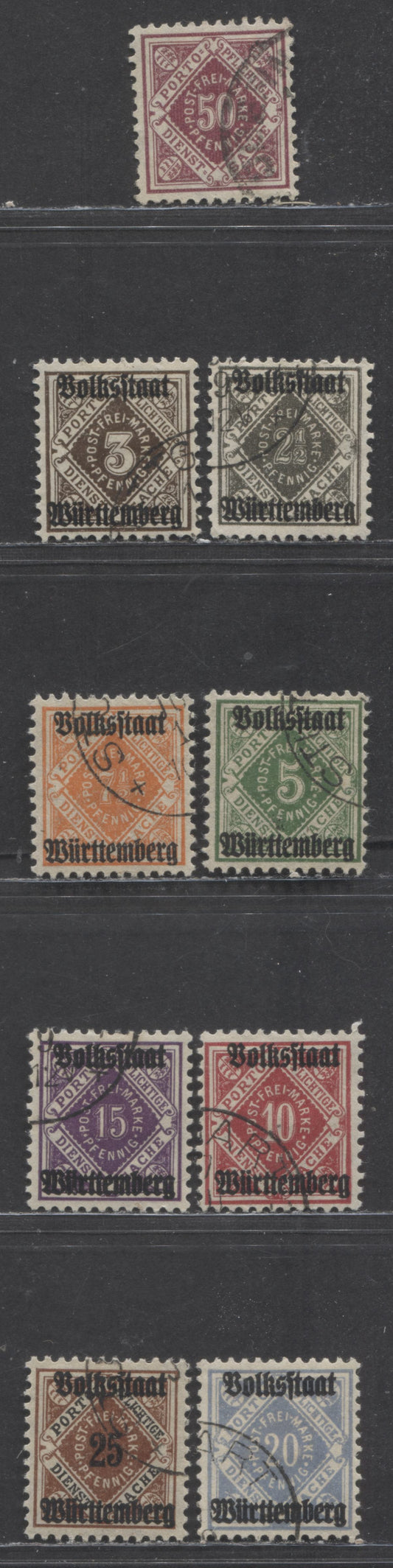 Lot 61 Germany - Wurttemberg Mi#118 (O27)/141 (O50) 1911-1919 Official Issue, CTO Set, 9 Very Fine Used Singles, Click on Listing to See ALL Pictures, Estimated Value $8