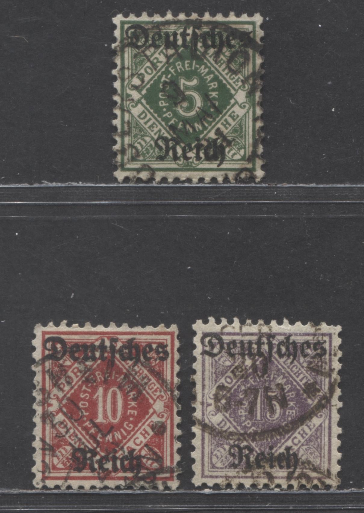 Lot 63 Germany - Wurttemberg Mi#52 (O59)-54 (O61) 1920 German Overprinted Official Issue, CTO Singles, 3 Very Fine Used Singles, Click on Listing to See ALL Pictures, Estimated Value $20