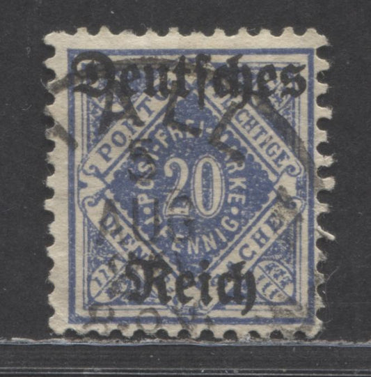 Lot 64 Germany - Wurttemberg Mi#55Y (SC# O62a) 20pf Ultramarine 1920 German Overprinted Official Issue, Wmk Circles, A Fine/Very Fine Used Single, Click on Listing to See ALL Pictures, Estimated Value $15