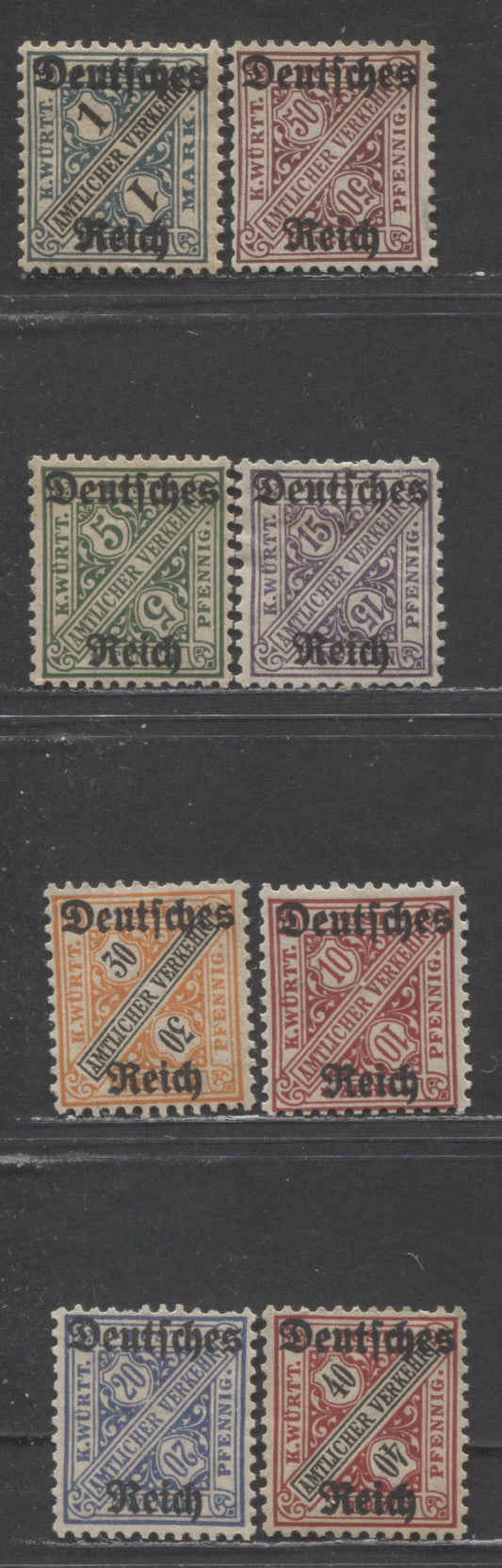 Lot 65 Germany - Wurttemberg Mi#57 (O176)-64 (O183) 1920 German Overprinted Official Issue, Wmk Crosses & Circles, 8 VFOG Singles, Click on Listing to See ALL Pictures, Estimated Value $14