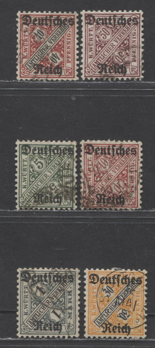 Lot 66 Germany - Wurttemberg Mi#57 (O176)/64 (O183) 1920 German Overprinted Official Issue, CTO Cancels, 6 Very Fine Used Singles, Click on Listing to See ALL Pictures, Estimated Value $25