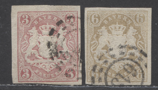 Lot 81 Germany - Bavaria Mi#15 (16)/20 (18) 1867-1868 Embossed Arms Issue, Imperfs, Unwatermarked, 2 Fine Used Singles, Click on Listing to See ALL Pictures, Estimated Value $25