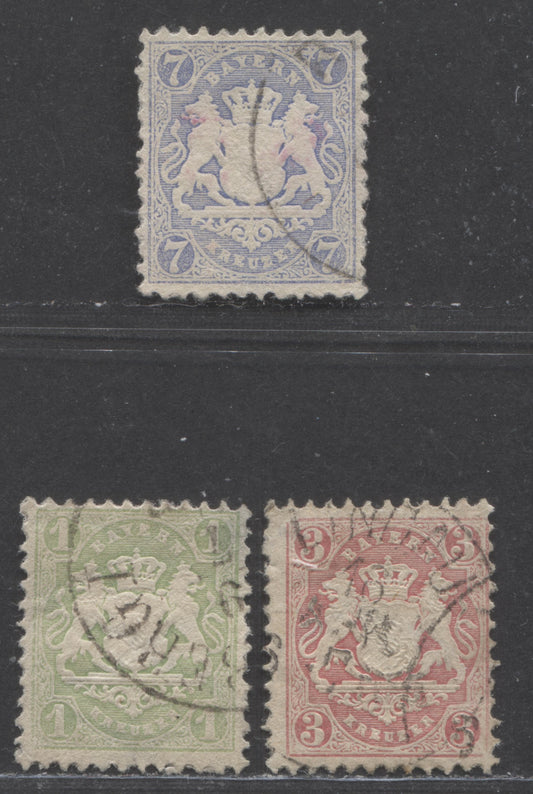 Lot 82 Germany - Bavaria Mi#22Ya (23)/25Yb (26) 1870-1872 Arms Issue, 17mm, Perf 11.5, Diamond Wmk, 3 Fine/Very Fine Used Singles, Click on Listing to See ALL Pictures, Estimated Value $10