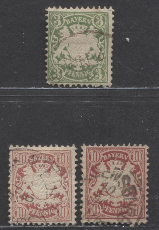 Lot 86 Germany - Bavaria Mi#37c (38var)/39b (41) 1878 Arms Issue, Perf 11.5, Dark Yellowish Green & Two Shades Of Red Carmine/Deep Lilac Red, Wavy Line Wmks, 3 Fine/Very Fine Used Singles, Estimated Value $10