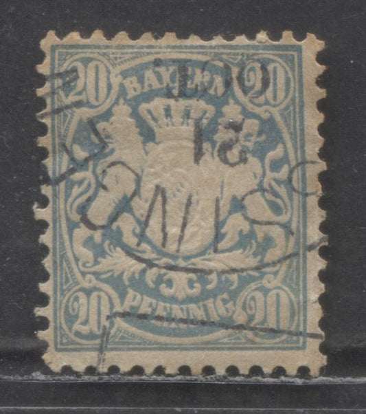 Lot 87 Germany - Bavaria Mi#40b (SC# 42avar) 20pf Prussian Blue 1876-1878 Arms Issue, Perf 11.5, Wavy Line Wmks, A Fine Used Single, Click on Listing to See ALL Pictures, Estimated Value $125