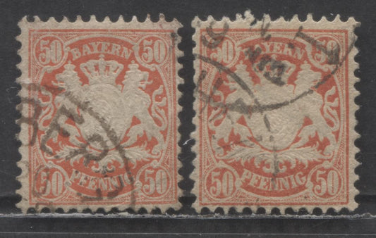 Lot 88 Germany - Bavaria Mi#42 (SC# 44) 50pf Vermillion 1876-1878 Arms Issue, Two Shades, Wavy Line Wmks, 2 Fine/Very Fine Used Singles, Click on Listing to See ALL Pictures, Estimated Value $12