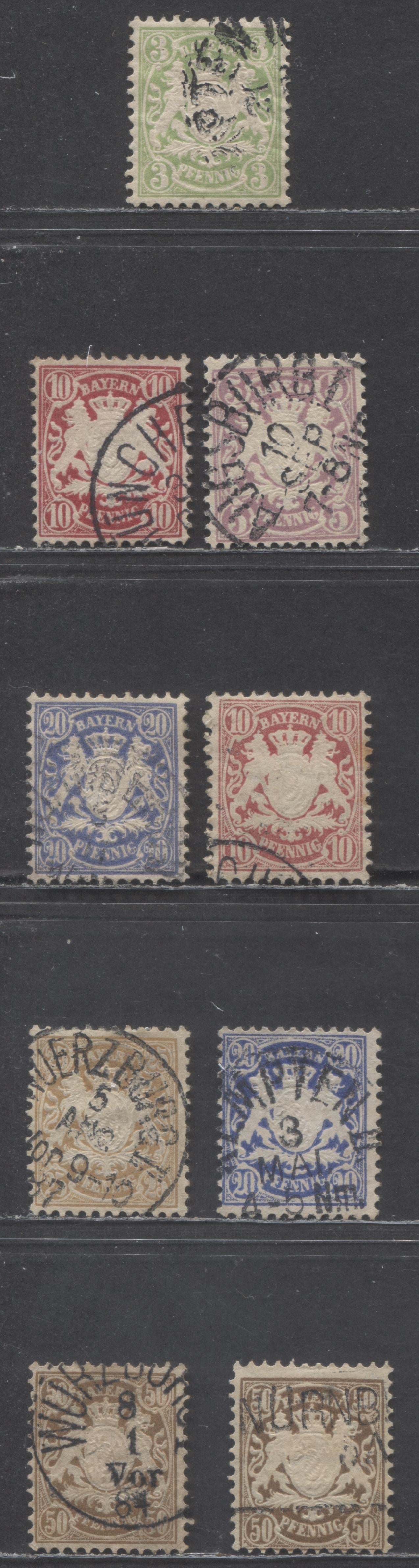 Lot 89 Germany - Bavaria Mi#47 (48)-52 (53) 1881 Arms Issue, Perf 11.5, Vertical Wavy Line Wmks, 9 Fine/Very Fine Used Singles, Click on Listing to See ALL Pictures, Estimated Value $15