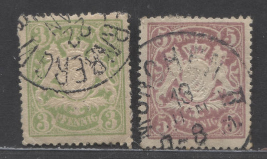 Lot 92 Germany - Bavaria Mi#54A (59)-55A (61) 1888 Arms Issue, Small perforation holes, Horizontal Wavy Line Wmks, 2 Fine/Very Fine Used Single, Click on Listing to See ALL Pictures, Estimated Value $10