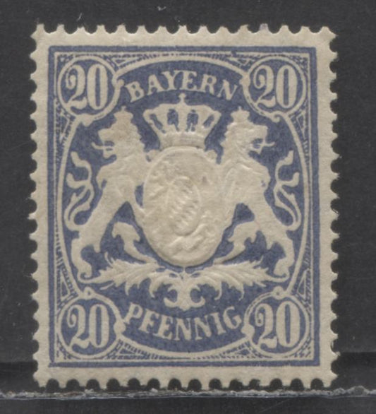 Lot 94 Germany - Bavaria Mi#57Bxd (SC# 64avar) 20pf Dark Blue 1888 Arms Issue, Toned Paper, Perf 14 x 14.5, Horizontal Wavy Line Wmks, A VFOG Single, Click on Listing to See ALL Pictures, Estimated Value $175