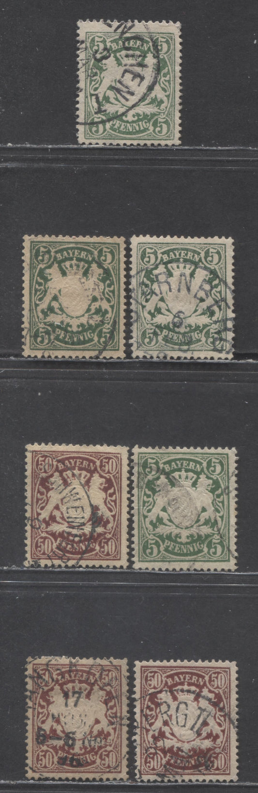 Lot 99 Germany - Bavaria Mi#61x (62a)-63x (70a) 1888-1900 Arms Issue, Toned Paper, Perf 14 x 14.5, Horizontal Wavy Line Wmks, 7 Fine/Very Fine Used Singles, Click on Listing to See ALL Pictures, Estimated Value $10
