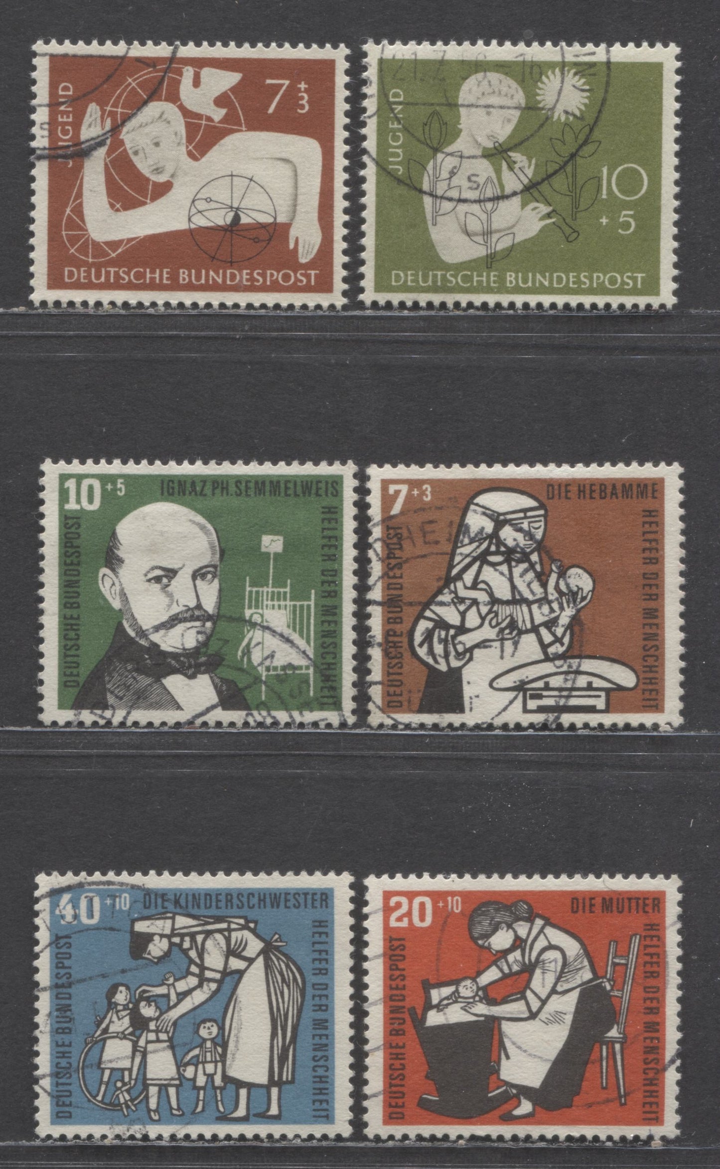 Germany Mi#232 (SC#B348)/246 (SC#B353) 1956 Youth Hostel Organization & Semmelweis Semi Postals, 6 Very Fine Used Singles, Click on Listing to See ALL Pictures, Estimated Value $30