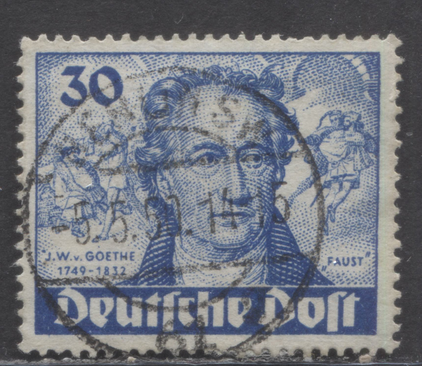 Germany - Berlin Mi#63I (SC#9N63) 30pf Blue 1949 Von Goethe Issue, Large Dot To Left Of 'J', Pos. 10, 20, 30, 40 & 50, A Very Good/Fine Used Single, Click on Listing to See ALL Pictures, Estimated Value $30