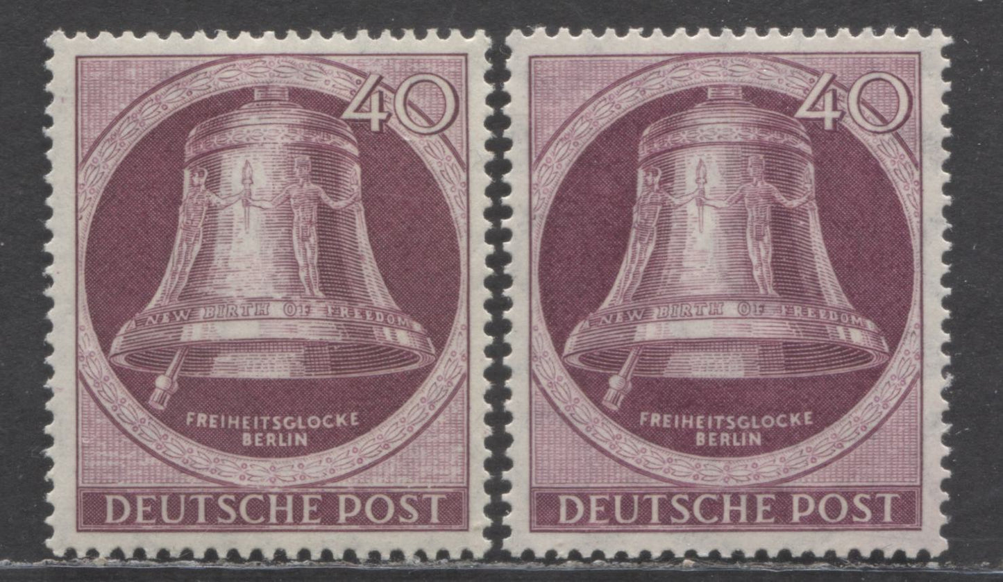 Lot 65 Germany - Berlin Mi#79 (SC#9N74) 40pf Blackish Lilac Purple 1951 Freedom Bell Issue, Two Shades, 2 VFNH Singles, Click on Listing to See ALL Pictures, Estimated Value $20