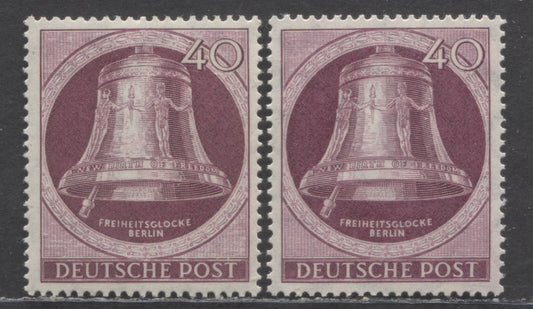 Lot 65 Germany - Berlin Mi#79 (SC#9N74) 40pf Blackish Lilac Purple 1951 Freedom Bell Issue, Two Shades, 2 VFNH Singles, Click on Listing to See ALL Pictures, Estimated Value $20