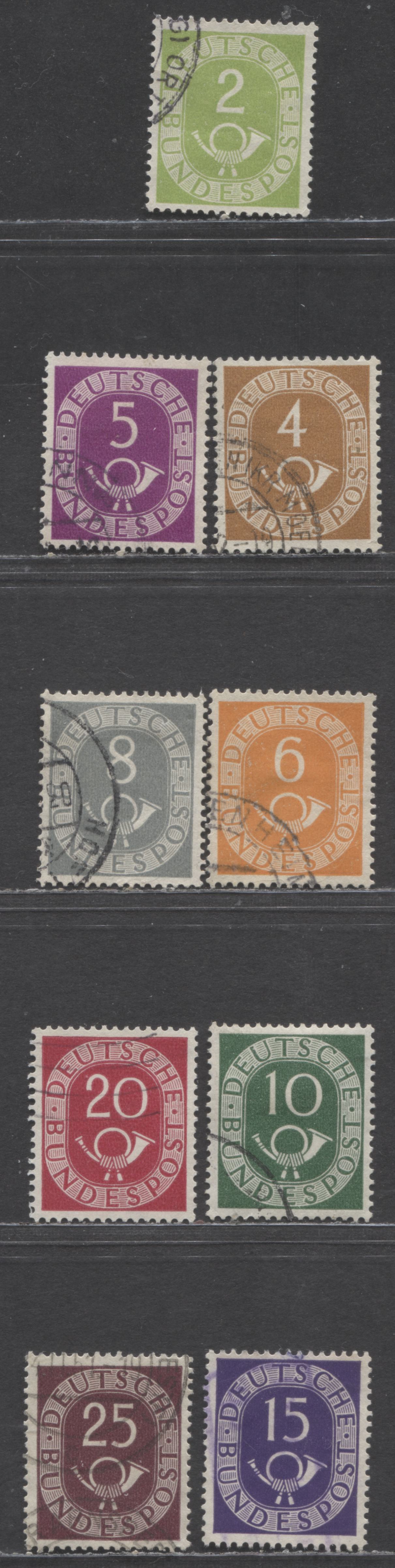 Germany SC#670-678 (Mi#123-131) 1951-1952 Posthorns Issue, Basic Part Set From 2pf-25pf, 9 Very Fine Used Singles, Click on Listing to See ALL Pictures, Estimated Value $18 USD