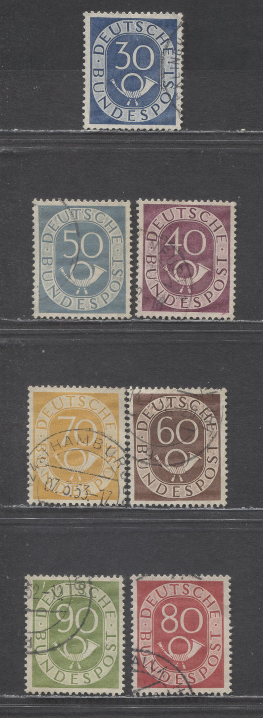 Lot 67 Germany SC#679-685 (Mi#132-138) 1951-1952 Posthorns Issue, 30pf Ultramarine-40pf Yellow Green, 7 Very Fine Used Singles, Click on Listing to See ALL Pictures, Estimated Value $22 USD