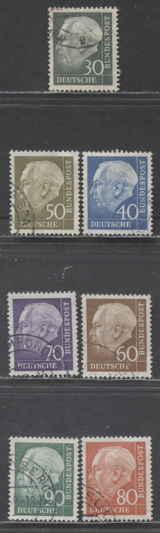 Germany SC#755-761 (Mi#259xv-265xv) 1956-1957 Heuss Definitive Issue, With Vertical Ribbed Gum, 7 Very Fine Used Singles, Click on Listing to See ALL Pictures, Estimated Value $30 USD