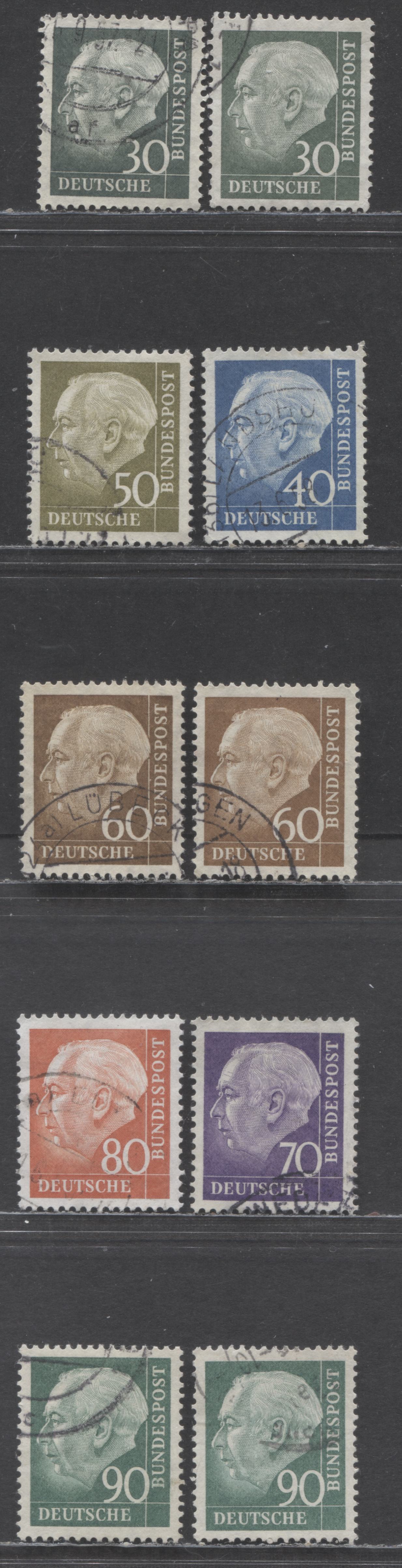 Germany SC#755-761 (Mi#259xw-265xw) 1956-1957 Heuss Definitive Issue, With Smooth Gum, Includes Extra Shades, 10 Very Fine Used Singles, Click on Listing to See ALL Pictures, Estimated Value $5 USD