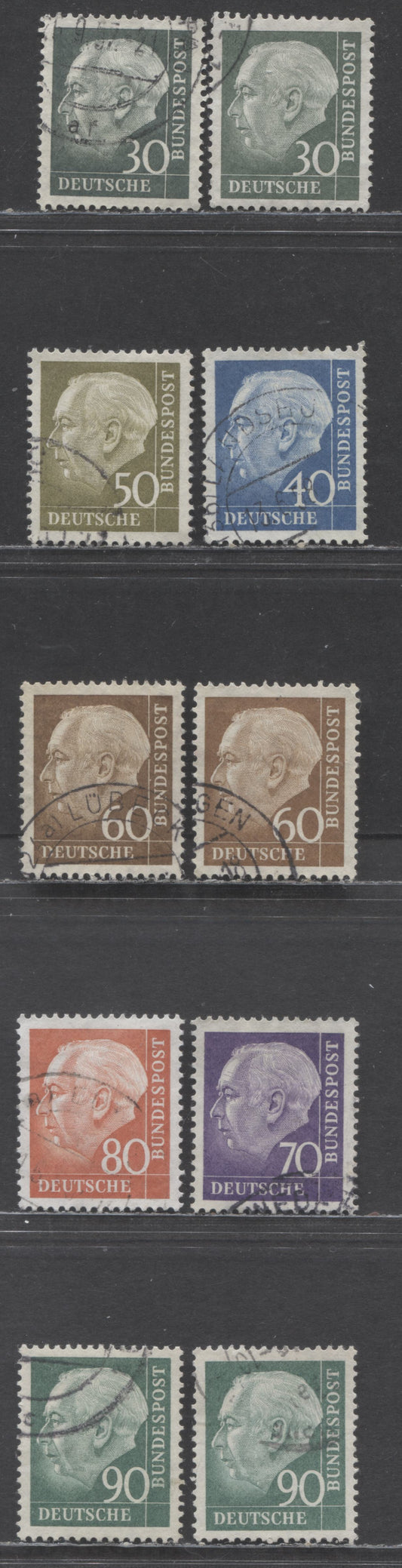 Germany SC#755-761 (Mi#259xw-265xw) 1956-1957 Heuss Definitive Issue, With Smooth Gum, Includes Extra Shades, 10 Very Fine Used Singles, Click on Listing to See ALL Pictures, Estimated Value $5 USD
