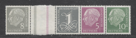 Germany Mi#W215a1x1&W19x 1958 Heuss Definitive Issue, A VFNH Booklet Strip With Lined Tab, Click on Listing to See ALL Pictures, Estimated Value $15 USD