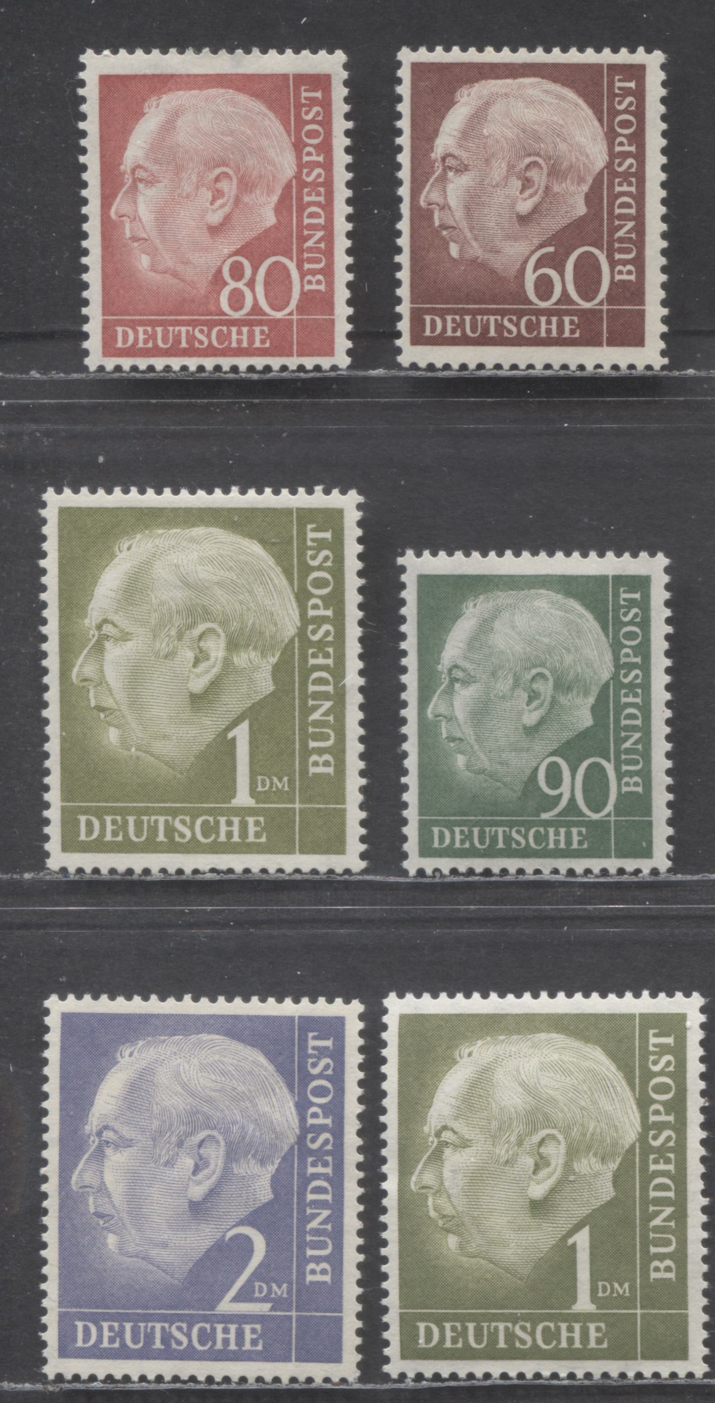 Germany SC#715-720 (Mi#190x/195xXv) 1954-1960 Heuss Issue, With Ridged Gum (2 Types On 1m: Shiny & Matte Crackly Gum), 6 F/VF OG Singles, Click on Listing to See ALL Pictures, Estimated Value $15 USD