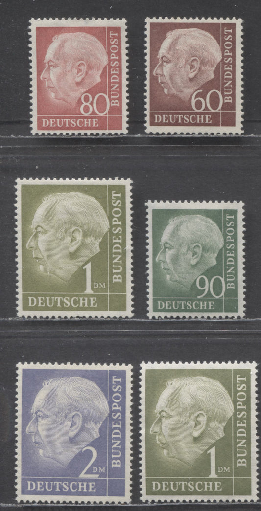 Germany SC#715-720 (Mi#190x/195xXv) 1954-1960 Heuss Issue, With Ridged Gum (2 Types On 1m: Shiny & Matte Crackly Gum), 6 F/VF OG Singles, Click on Listing to See ALL Pictures, Estimated Value $15 USD