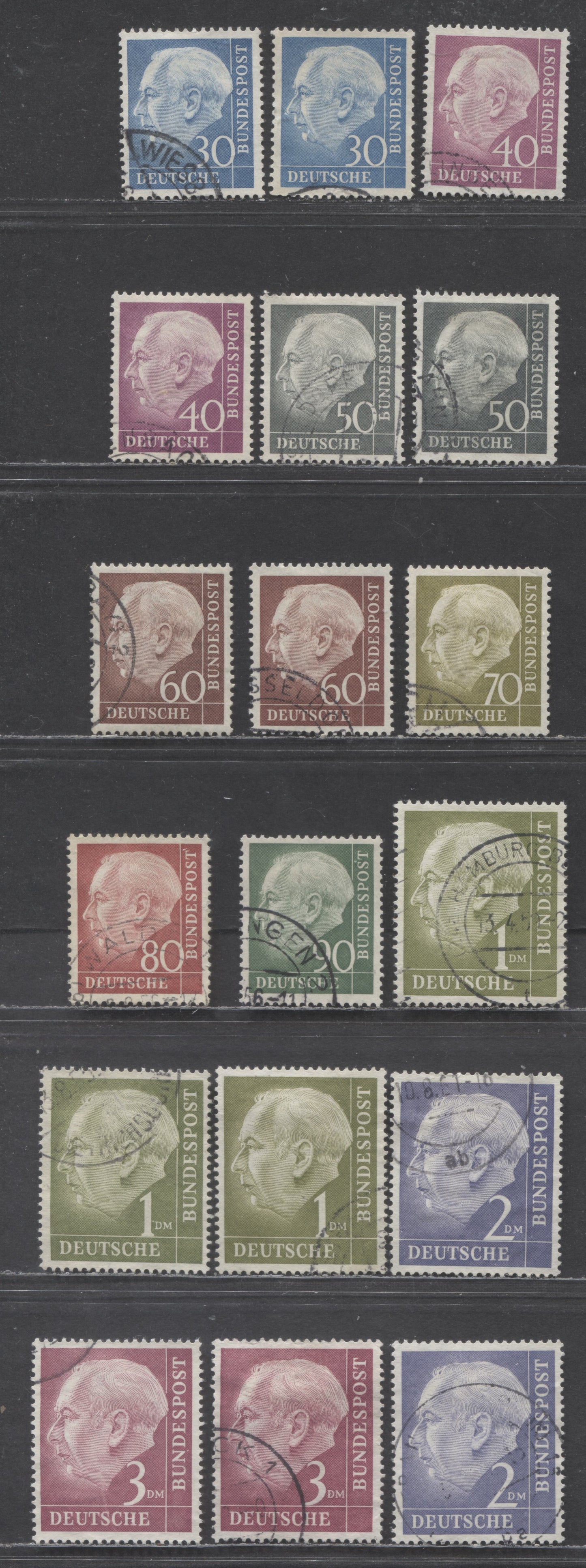 Germany SC#712-721 (Mi#187x-196xw) 1955-1960 Heuss Issue, Specialized 30pf-3m Includes Shade Varieties And Both Smooth & Ribbed Papers On 1m-3m, 18 Very Fine Used Singles, Click on Listing to See ALL Pictures, Estimated Value $25 USD