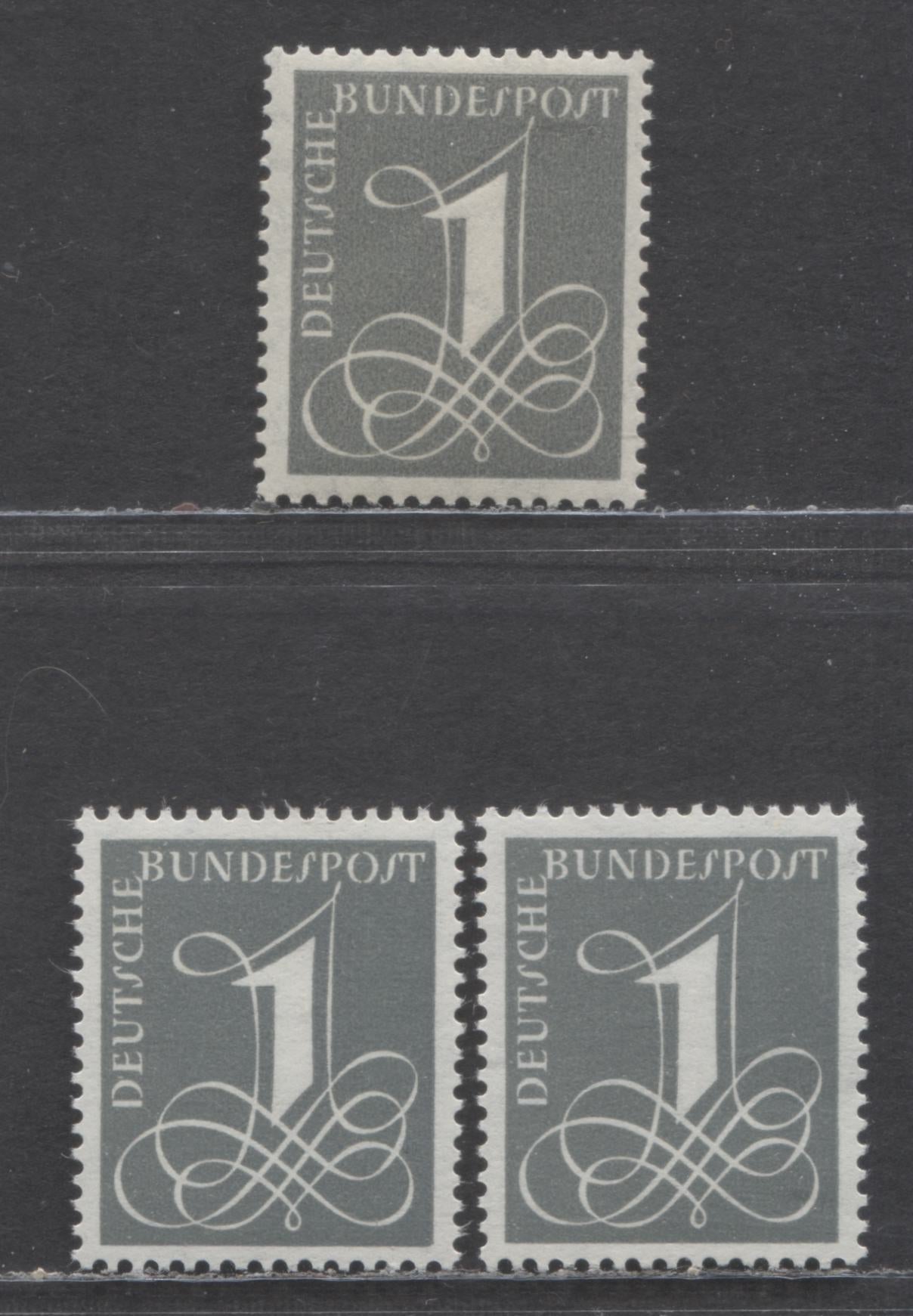 Germany SC#737-737A (Mi#226xv,285x,285VI) 1pf 1955-1958 Numeral Definitive Issue, Rosette Watermark & DP And Zig Zag And DP, Both Sideways And Upright, 3 VFNH Singles, Click on Listing to See ALL Pictures, Estimated Value $15 USD