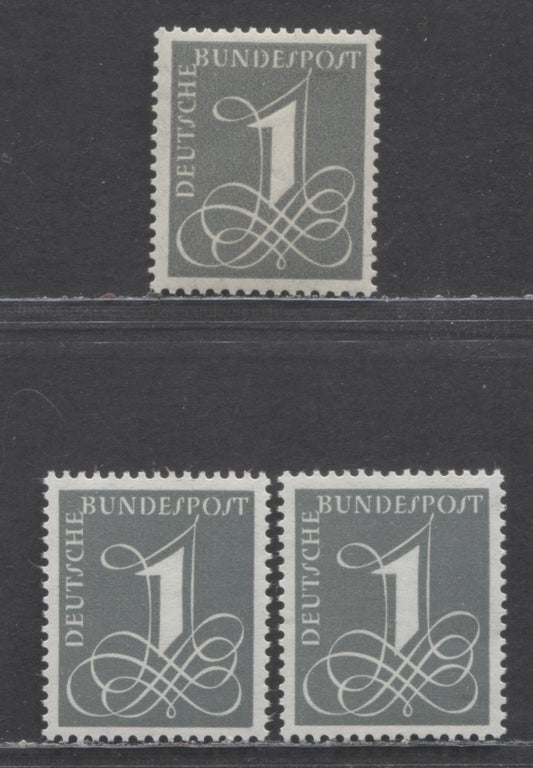 Germany SC#737-737A (Mi#226xv,285x,285VI) 1pf 1955-1958 Numeral Definitive Issue, Rosette Watermark & DP And Zig Zag And DP, Both Sideways And Upright, 3 VFNH Singles, Click on Listing to See ALL Pictures, Estimated Value $15 USD