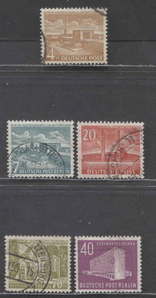 Lot 298B Germany-Berlin SC#9N101-9N102, 9N108-9N110 (Mi#112-113,121-123) 1953 Definitives Re-Issue, 5 Very Fine Used Singles, Click on Listing to See ALL Pictures, Estimated Value $25 USD