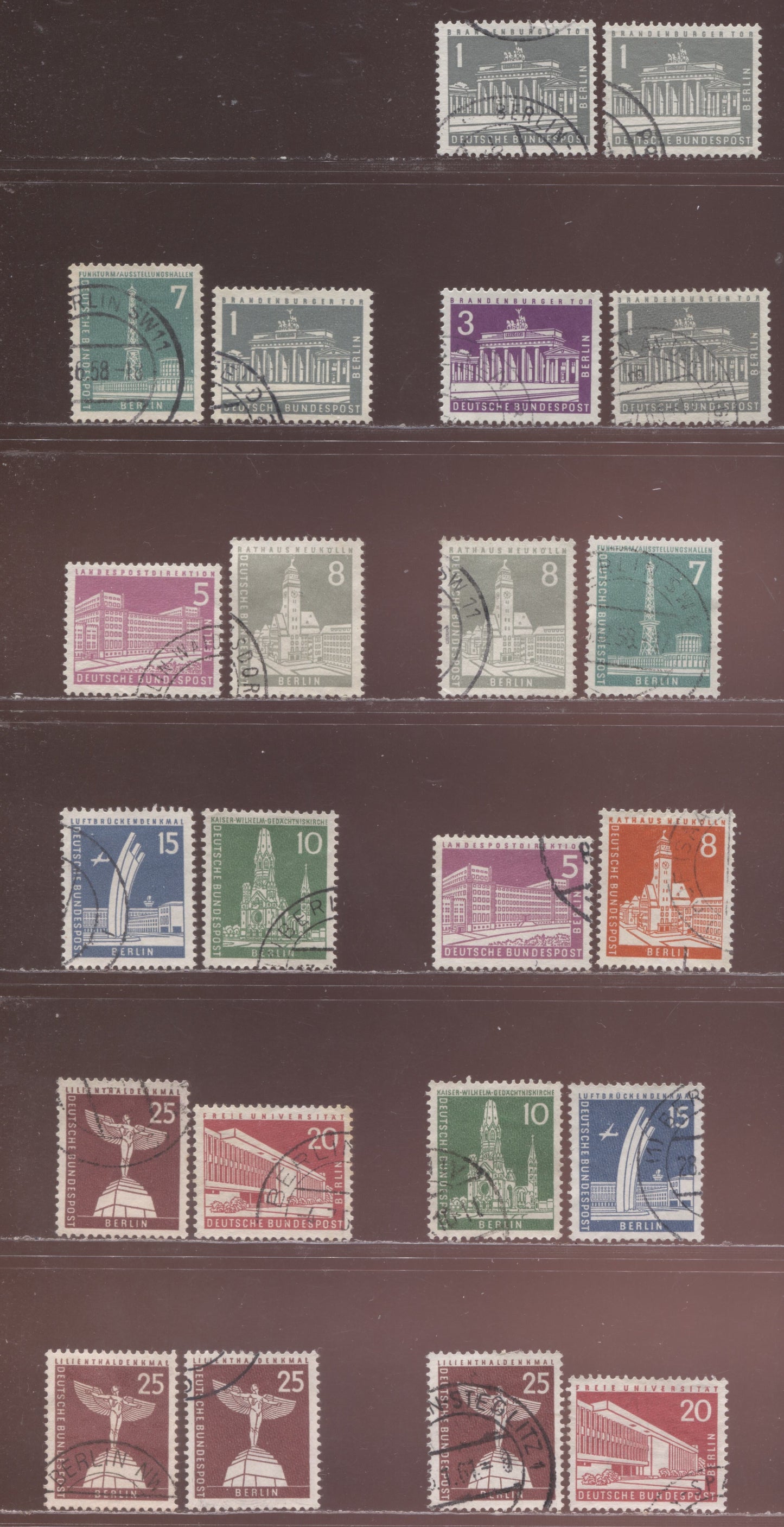 Germany-Berlin SC#9N120/9N129 (Mi#140wv/231) 1956-1963 Definitives Issues, Specialized Used Group To 25pf, 22 Very Fine Used Singles, Click on Listing to See ALL Pictures, Estimated Value $5 USD
